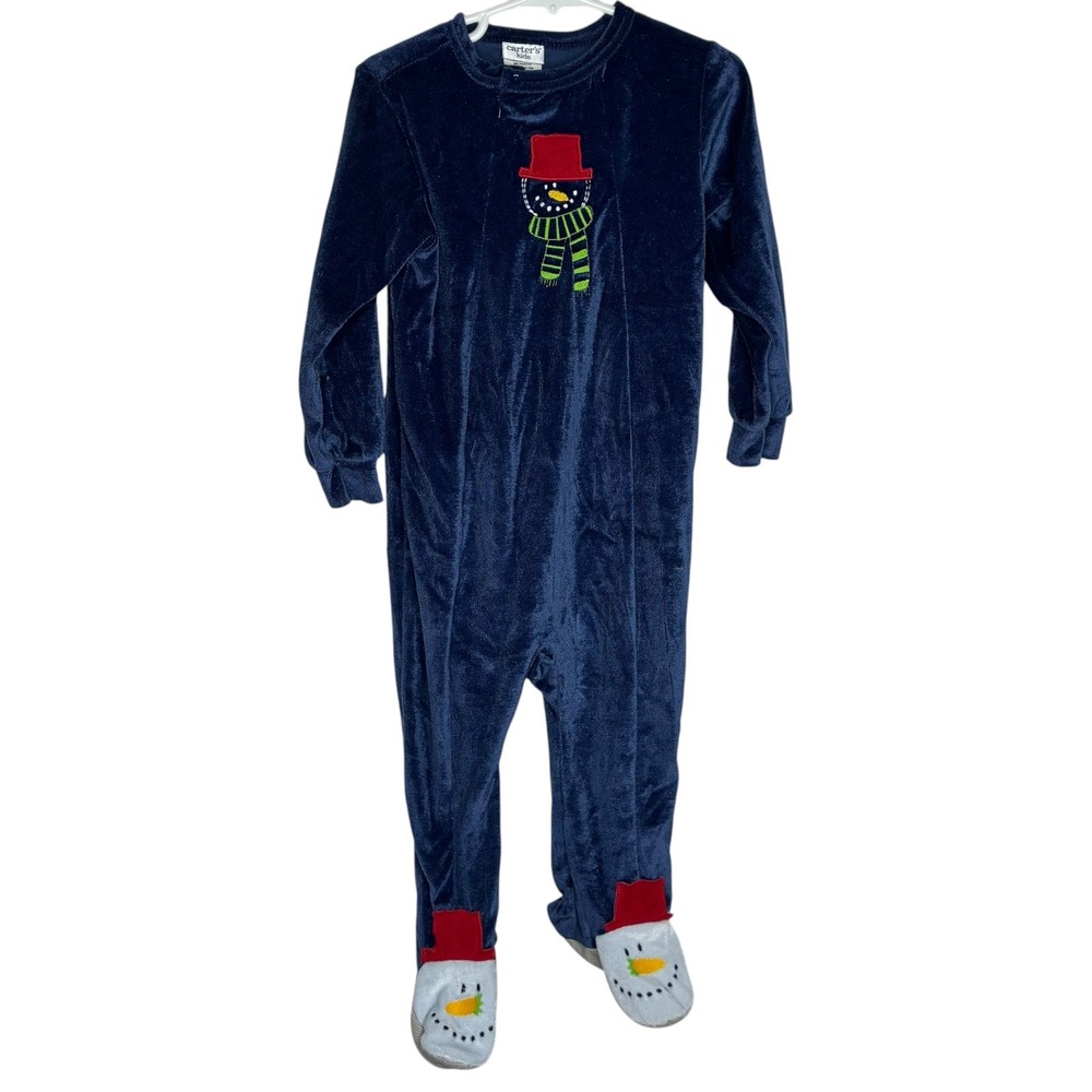 Vintage Carter's Kids 3T Footed Sleeper Navy Blue Snowman Fleece Holiday Pajamas